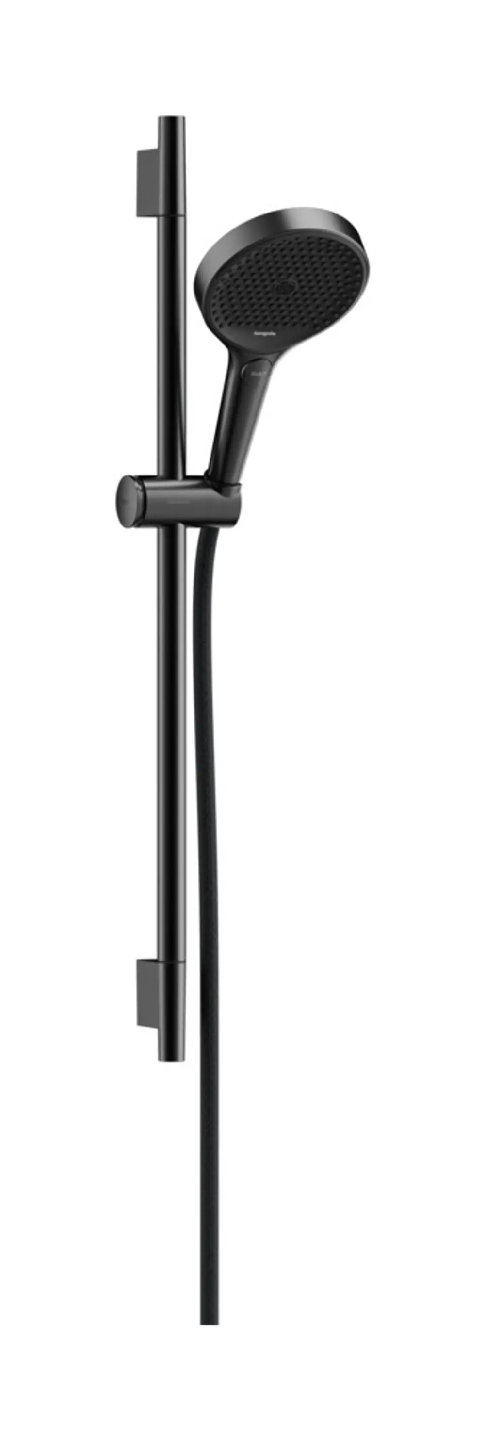 Hansgrohe Brauseset mit Handbrause und langer Brausestange aus gebürstetem Schwarz-Chrom. Schlauch in Textilform, flexibel angebracht an der Halterung.